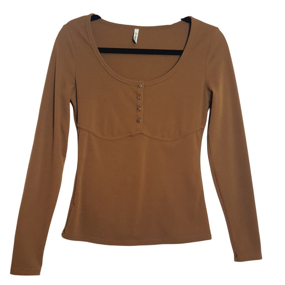 Halara Gingerbread Brown Waffle Knit Henley Long Sleeve Top Medium Corset Seam